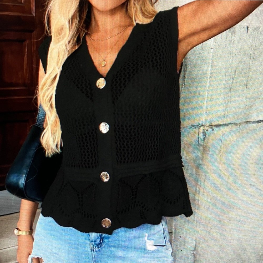 Black Crochet Button-Up Top
